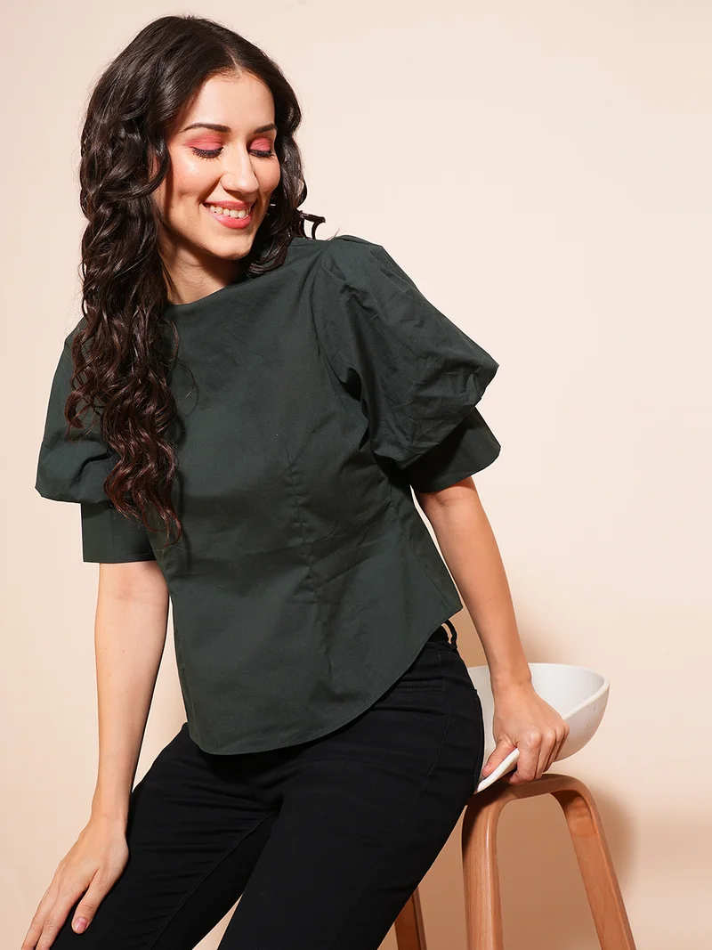 globus Globus Women Green Puff Sleeve Round Neck Back Button Shirt Style Workwear Top