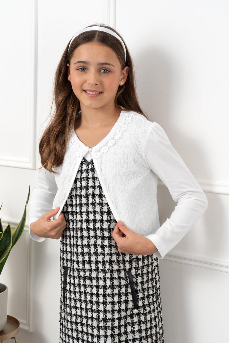 BOLEROSE Girls Long Sleeve Floral Lace Bolero Cardigan Kids Shrug Cover Up (White, 9-10 YRS) - Image 3