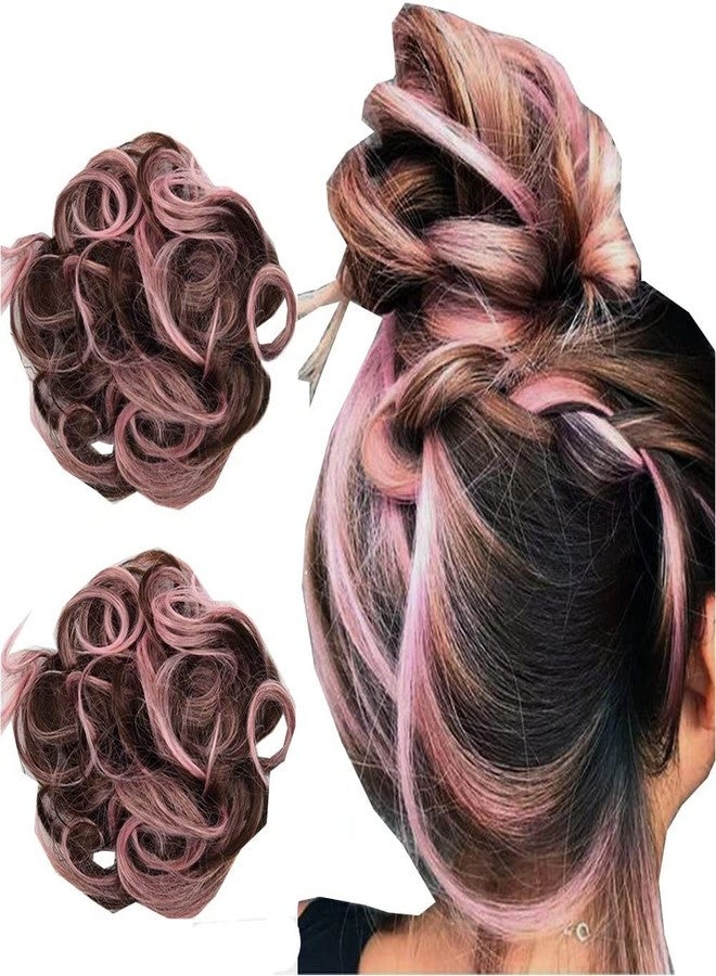 iLUU Hair Extension Curly Up Do Brown/Light Pink Synthetic Hair Messy Bun Extensions 2pcs/package Wavy Elastic Chignon Bun Hairpieces for Women #30 - Image 1