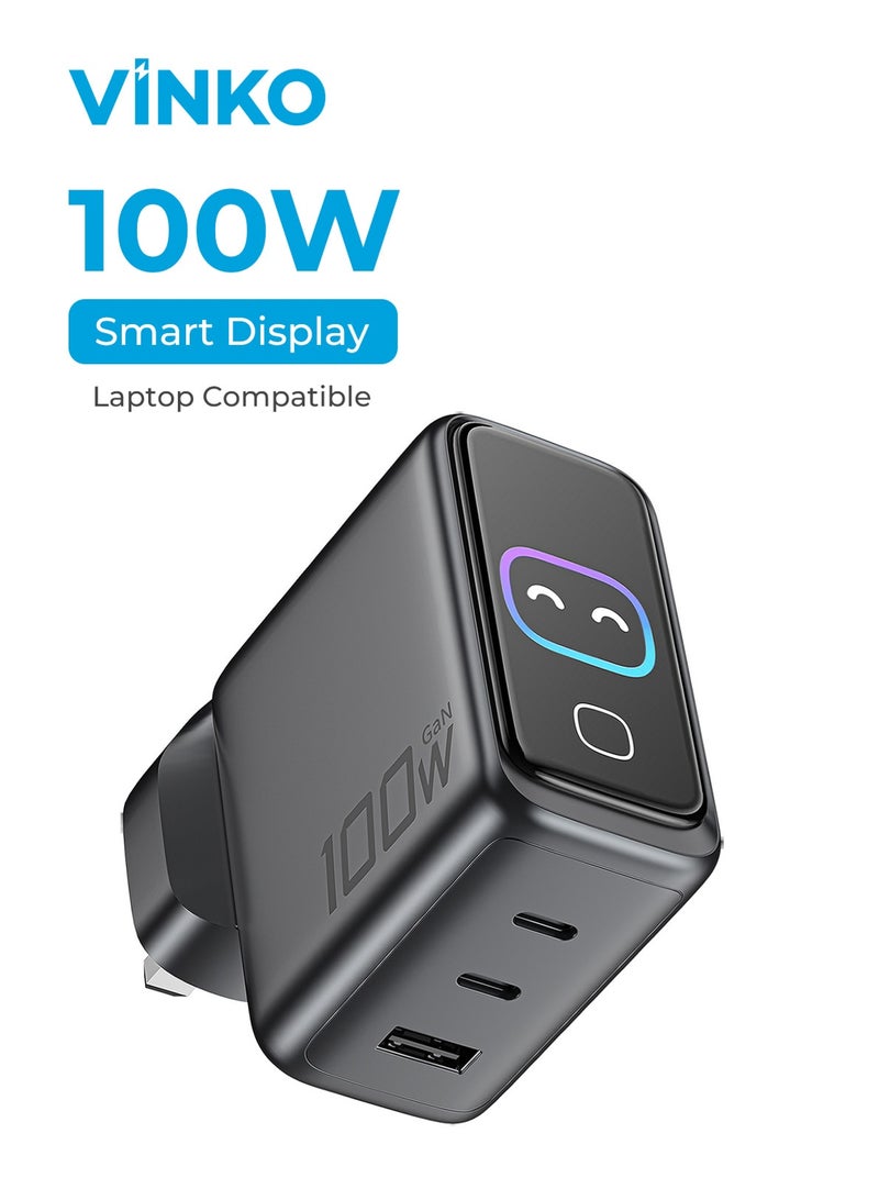 Vinko شاحن VINKO KN-2D UK بقوة 100 واط من النوع C مع شاشة تفاعلية وأزرار تحكم باللمس على شكل رموز تعبيرية؛ متوافق مع MacBook و iPhone 17 Pro Max و Galaxy S26 Ultra بقوة 100 واط مع شاشة ذكية. - Image 1
