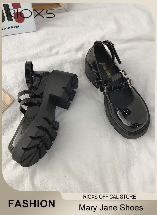 Women's Vintage Lolita Platform Wedge Patent Leather Shoes Platform Mary Jane Shoes Casual Round Toe Shoes