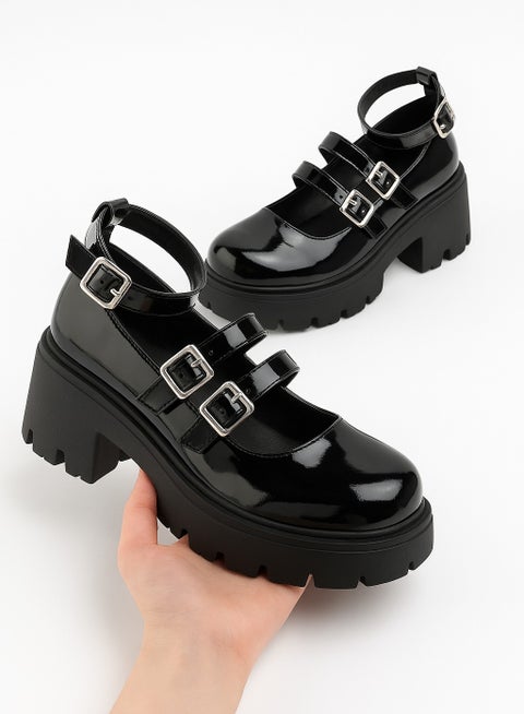 حذاء ماري جينز نسائي بكعب عريض، حذاء رسمي كلاسيكي بكعب عريض وحزام كاحل بإبزيم، حذاء بكعب عريض وخفيف الوزن ومقدمة مستديرة من طراز لوليتا برينسيس، حذاء ماري جينز بكعب عريض من الجلد اللامع للحفلات والمناسبات الخاصة والمواعيد الغرامية والتسوق وغيرها، أسود