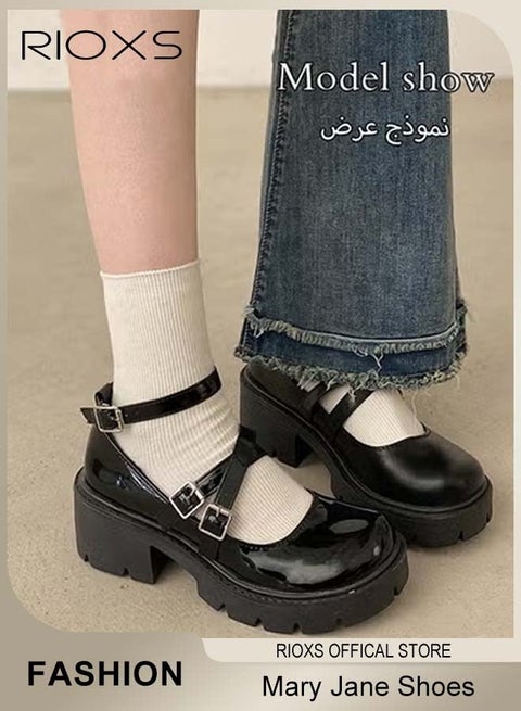 حذاء ماري جينز نسائي بكعب عريض، حذاء رسمي كلاسيكي بكعب عريض وحزام كاحل بإبزيم، حذاء بكعب عريض وخفيف الوزن ومقدمة مستديرة من طراز لوليتا برينسيس، حذاء ماري جينز بكعب عريض من الجلد اللامع للحفلات والمناسبات الخاصة والمواعيد الغرامية والتسوق وغيرها، أسود