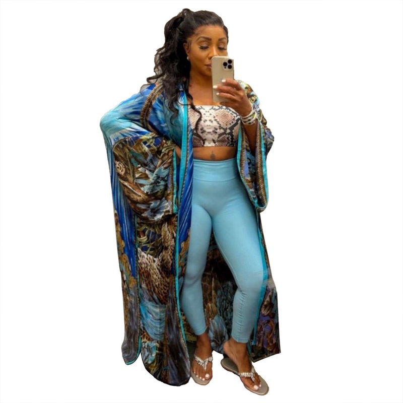 K10173 Euro-American Fashion Silk-like Printed Kimono Wrap Coat Cailan Leopard Print