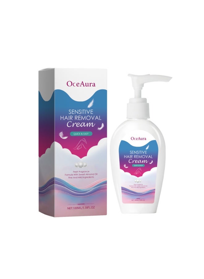OceAura Sensitive Hair Removal Cream, Gentle & Fast-Acting Body Hair Remover for Arms, Underarms, Legs, Bikini Line, Smooth & Brightening Skin, 100ml - Image 1