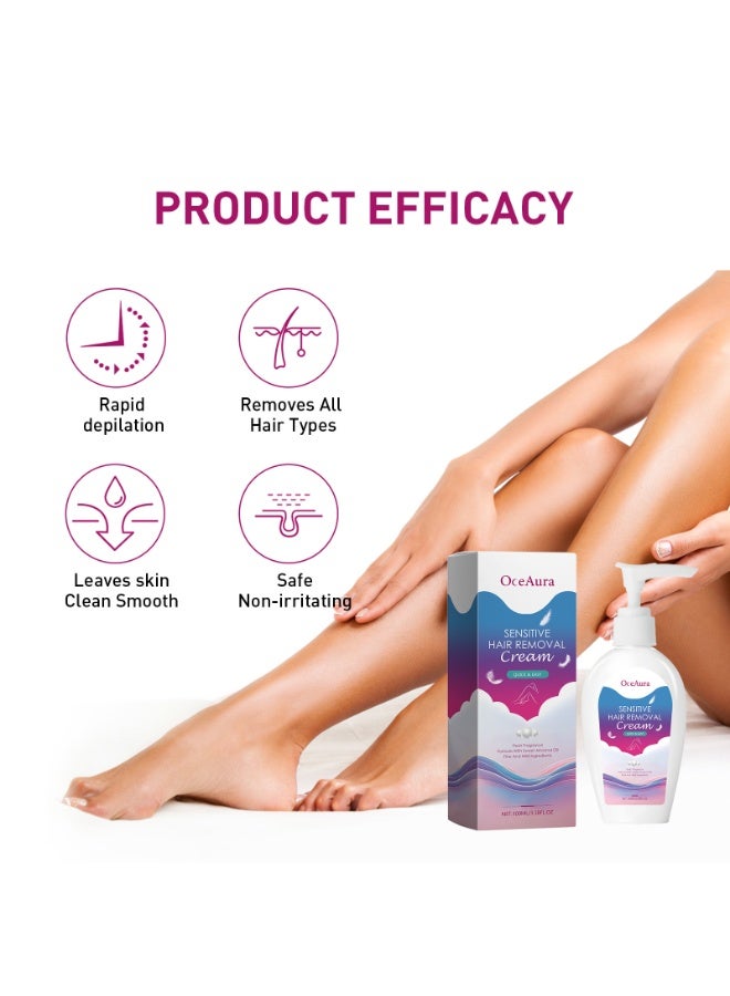 OceAura Sensitive Hair Removal Cream, Gentle & Fast-Acting Body Hair Remover for Arms, Underarms, Legs, Bikini Line, Smooth & Brightening Skin, 100ml - Image 3