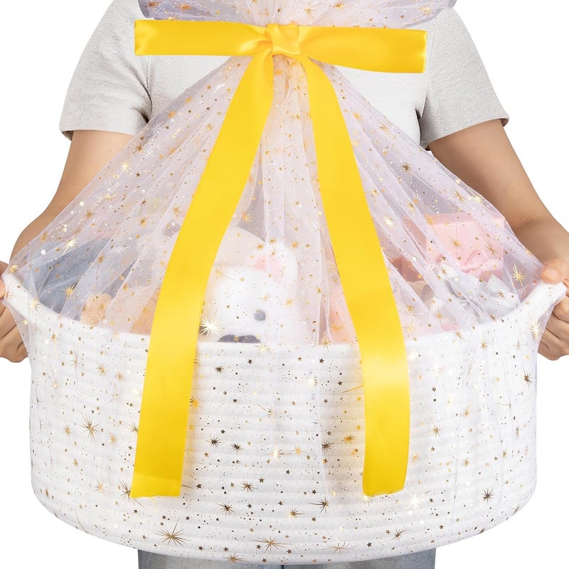 Large Gift Basket with Glitter Tulle and Ribbon - 17" x 12.6" x 7" - White - Image 1