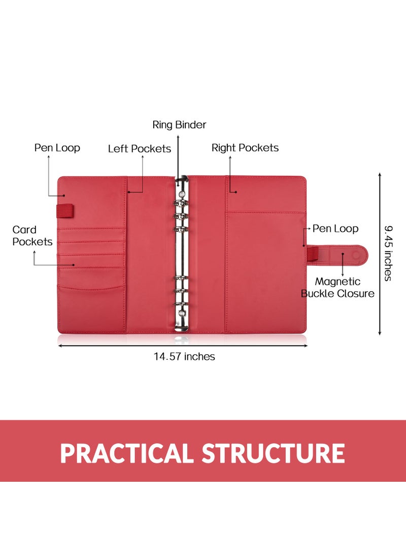 Sooez Sooez A5 Notebook Photocard Binder, 6 Budget Binder Ring Planner, Stylish Loose Leaf Personal Organizer Binder Cover with Magnetic Buckle, PU Leather Binder Women with Macaron Colors (Red)  - Image 2