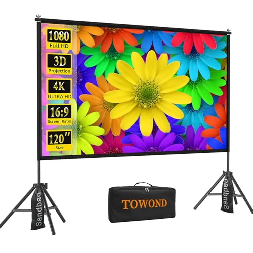 TOWOND Projector Screen with Stand,120 inches Indoor Projector Screen Outdoor Portable 16:9 4K HD Rear Front Projection Movie Screen with Carry Bag Wrinkle-Free Design for Backyard Theater - Image 1
