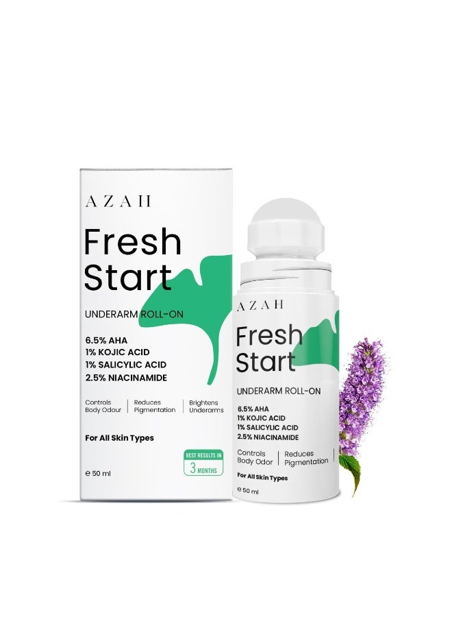 عزة مزيل عرق أزاه فريش ستارت رول أون للإبط [50 مل] | 6.5% أحماض ألفا هيدروكسي، 1% حمض الكوجيك، 1% حمض الساليسيليك، 2.5% نياسيناميد | مزيل عرق رول أون للإبط للنساء | يزيل تصبغات الإبط ويتحكم في الرائحة - Image 1