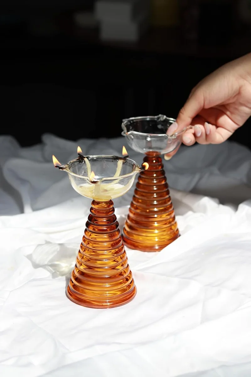 Muun Home Tall Amber Glass Diya Lamp for Pooja Room & Mandir | Decorative Oil Lamp for Diwali Decoration, Wedding, Housewarming & Festive Home Decor