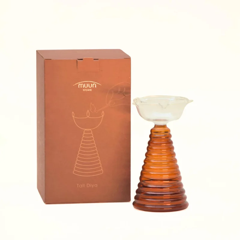 Muun Home Tall Amber Glass Diya Lamp for Pooja Room & Mandir | Decorative Oil Lamp for Diwali Decoration, Wedding, Housewarming & Festive Home Decor