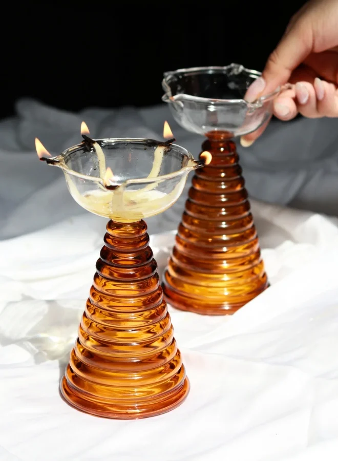 Muun Home Tall Amber Glass Diya Lamp for Pooja Room & Mandir | Decorative Oil Lamp for Diwali Decoration, Wedding, Housewarming & Festive Home Decor