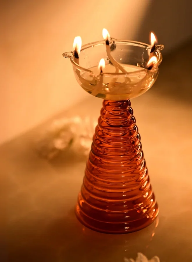 Muun Home Tall Amber Glass Diya Lamp for Pooja Room & Mandir | Decorative Oil Lamp for Diwali Decoration, Wedding, Housewarming & Festive Home Decor