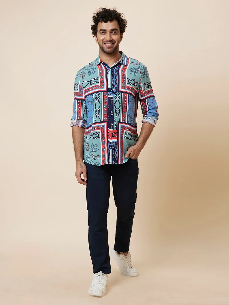 جلو باص قميص رجالي مطبوع متعدد الألوان بقصة عادية