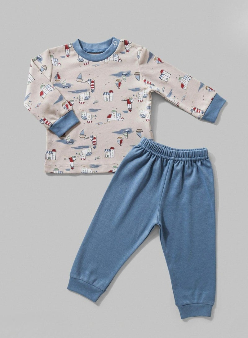 full moon 1 Baby 2-Piece Pyjama Set, Nautical Print Long Sleeve Top with Blue Trousers, Cotton Sleepwear