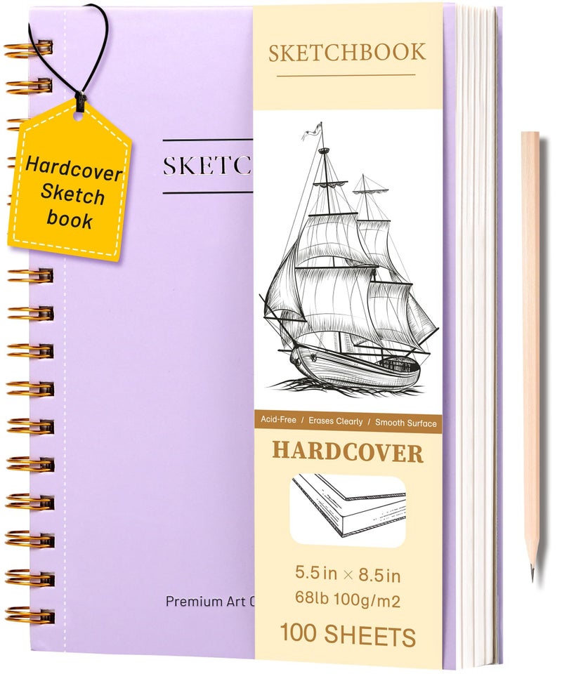 Yoment 55 x 85 Sketch Book Small Sketchbook for Drawing 100 Sheets68 lb100gsm Hardcover Spiral Sketch Pad for Kids with Pencil Art Sketchbook Drawing Paper Pad Book for Adults ArtistsPurple