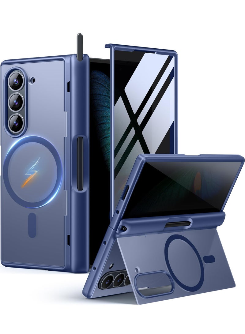 موبوسي جراب لهاتف سامسونج جالاكسي زد فولد 6 مع واقي شاشة مدمج للخصوصية، متوافق مع خاصية ماجسيف، مزود بحامل مدمج وحماية كاملة للمفصلة، غطاء حماية مضاد للصدمات نحيف باللون الأزرق - Image 1