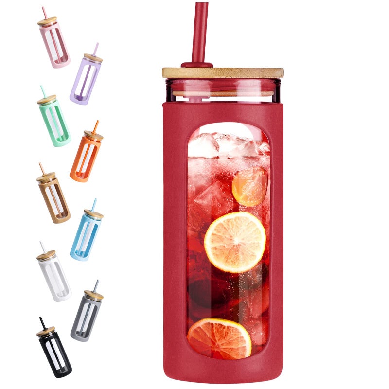 Kodrine 20oz Glass Tumbler with Straw and Lid Iced Coffee Cups with Bamboo Lids Glass Cups for Cold Drinks Smoothie Cup with Silicone Sleeve for Travel Work BPA FREEBarbados Cherry