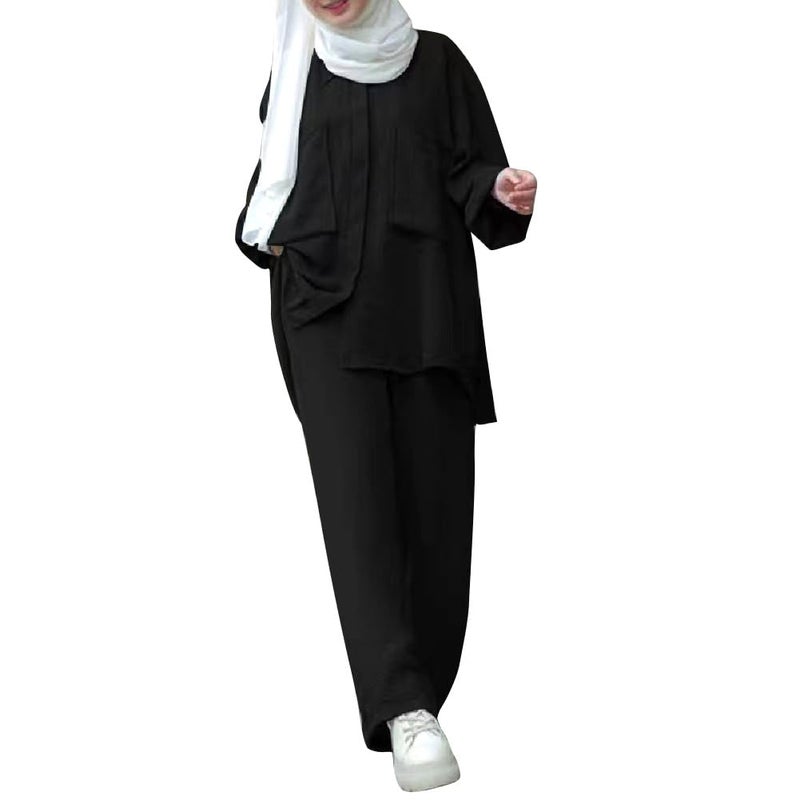 ODIZLI Muslim Women's Long Top Dress Wide Leg Pants Loose Modest Dresses for Women Islamic Dubai Dress Kaftan Abayas Islamic Abaya Prayer Clothes Khimar Eid Ramadan Black-Pockets Button Down Shirt S - Image 4
