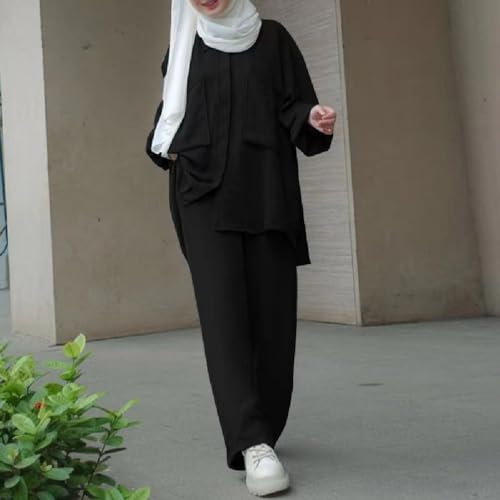 ODIZLI Muslim Women's Long Top Dress Wide Leg Pants Loose Modest Dresses for Women Islamic Dubai Dress Kaftan Abayas Islamic Abaya Prayer Clothes Khimar Eid Ramadan Black-Pockets Button Down Shirt S - Image 2