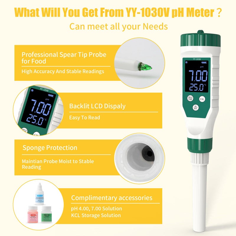 Yewhick Digital pH Meter for Food, Food pH Tester with High Accuracy pH Probe for Sourdough and Bread, Food pH Meter for Canning, Meat, Cheese, Solid Samples and Water, 0.01 Resolution - Image 2