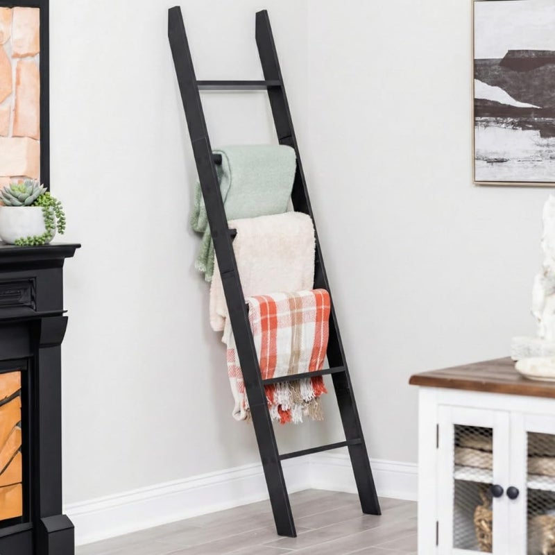 RELODECOR Blanket Ladder for The Living Room and Bedroom, 5ft 8 inch, 6-Tier Wall Leaning Laminate Snag Free Material (Black) Rustic Decorative Farmhouse Blanket Rack, Quilt Rack, Ladder Shelf, Easy Assembly - Image 1
