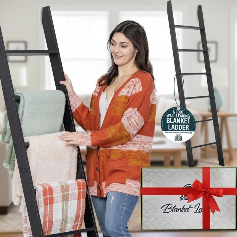 RELODECOR Blanket Ladder for The Living Room and Bedroom, 5ft 8 inch, 6-Tier Wall Leaning Laminate Snag Free Material (Black) Rustic Decorative Farmhouse Blanket Rack, Quilt Rack, Ladder Shelf, Easy Assembly - Image 3