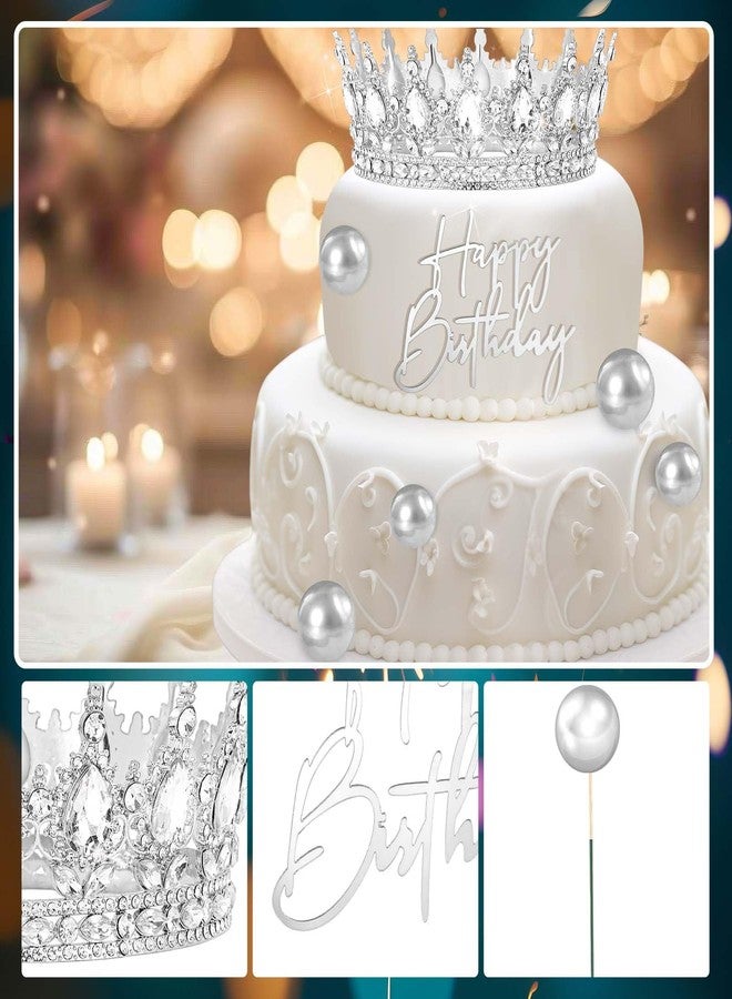 Otuuz 8 Pcs Silver Queen Crown Cake Topper, Happy Birthday Cake Toppers Foam Balls Rhinestone Crystal Tiara Wedding Decoration for Princess Party Photo Props for Women Princess - Image 3