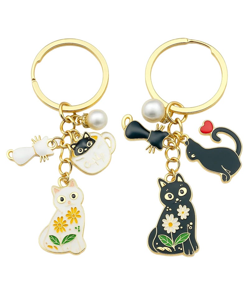 FFZDENA 2 PCS Cat Keychain, Pearl Accent Cat Keychains for Bags and Keys, Alloy Cute Keyring for Women and Men, Matching Aesthetic Keychain Gift for Cat Lovers - Image 1