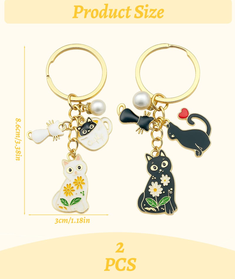FFZDENA 2 PCS Cat Keychain, Pearl Accent Cat Keychains for Bags and Keys, Alloy Cute Keyring for Women and Men, Matching Aesthetic Keychain Gift for Cat Lovers - Image 2