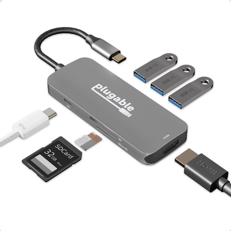 Plugable USB-C Hub 7-in-1, Driverless USB C Hub Compatible with Mac, Windows, Chromebook, USB4, Thunderbolt 4, and More (4K HDMI, 3 USB 3.0, SD & microSD Card Reader, 100W Charging) - Image 1
