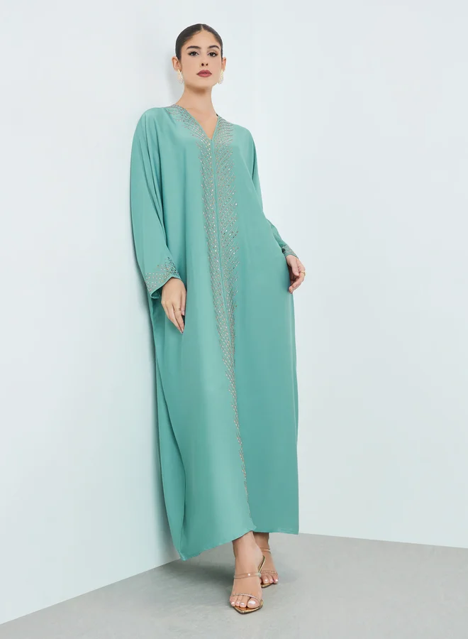 Amirah Green Rhinestone Embellishments Jalabiya with Matching Hijab