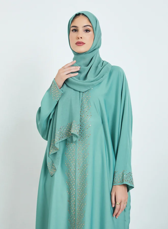 Amirah Green Rhinestone Embellishments Jalabiya with Matching Hijab