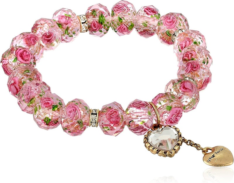 Betsey Johnson Pink Flower Bead Stretch Bracelet with Heart Charm - Image 1