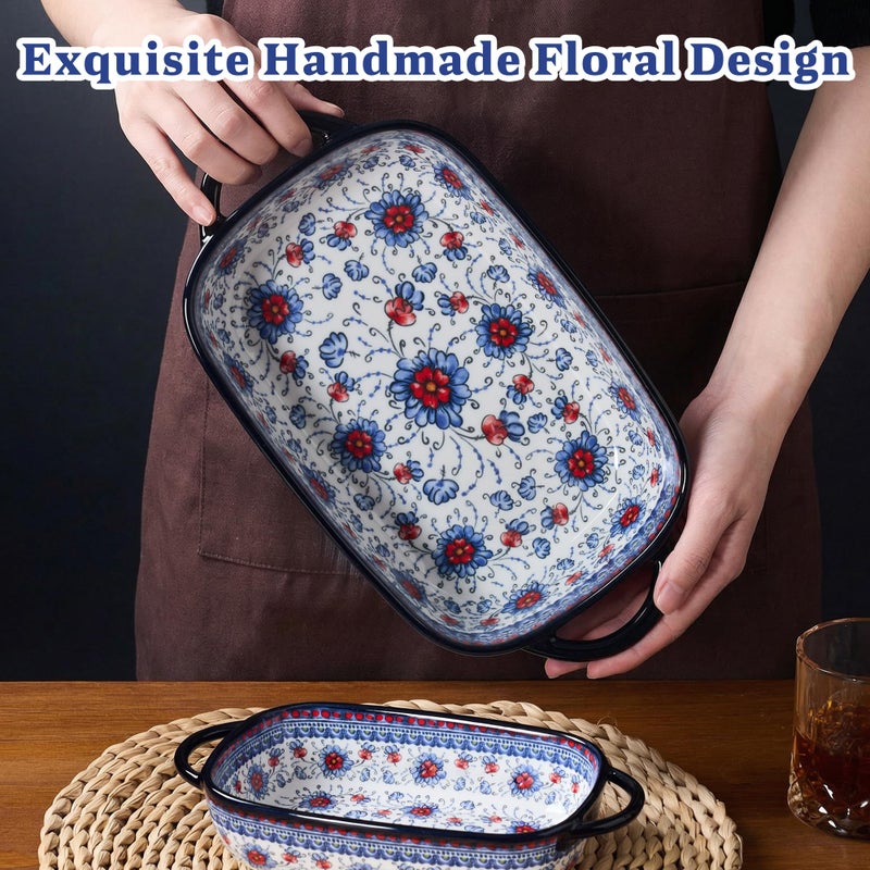 TAUFIKT Ceramic Casserole Dishes for Oven, Hand-painted Polish Pottery Baking Dish Set of 2, 0.8QT / 2QT Porcelain Casserole Dishes with Handles, Baking Pan Lasagna Pan, Gift for Family/Friend (Blue) - Image 2