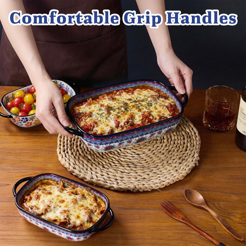TAUFIKT Ceramic Casserole Dishes for Oven, Hand-painted Polish Pottery Baking Dish Set of 2, 0.8QT / 2QT Porcelain Casserole Dishes with Handles, Baking Pan Lasagna Pan, Gift for Family/Friend (Blue) - Image 3
