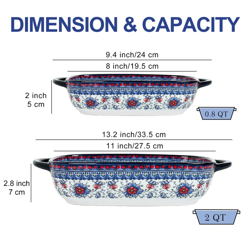 TAUFIKT Ceramic Casserole Dishes for Oven, Hand-painted Polish Pottery Baking Dish Set of 2, 0.8QT / 2QT Porcelain Casserole Dishes with Handles, Baking Pan Lasagna Pan, Gift for Family/Friend (Blue) - Image 4