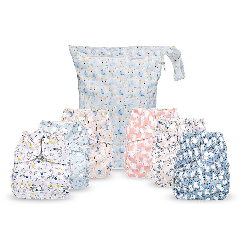 Simple Being Reusable Cloth Diapers, Double Gusset, One Size Adjustable, Washable Soft Absorbent, Waterproof Cover, Eco-Friendly Unisex Baby Girl Boy, six 4-Layers Microfiber Inserts (Unicorns) - Image 1