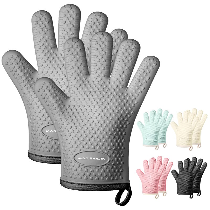 MAD SHARK Silicone Oven Mitts Heat Resistant 450 DegreesWaterproof NonSlip Oven Gloves with FingersCotton Lined Silicone Oven Gloves Kitchen Mitts for Baking Cooking BarbecueWomenOven GREY1