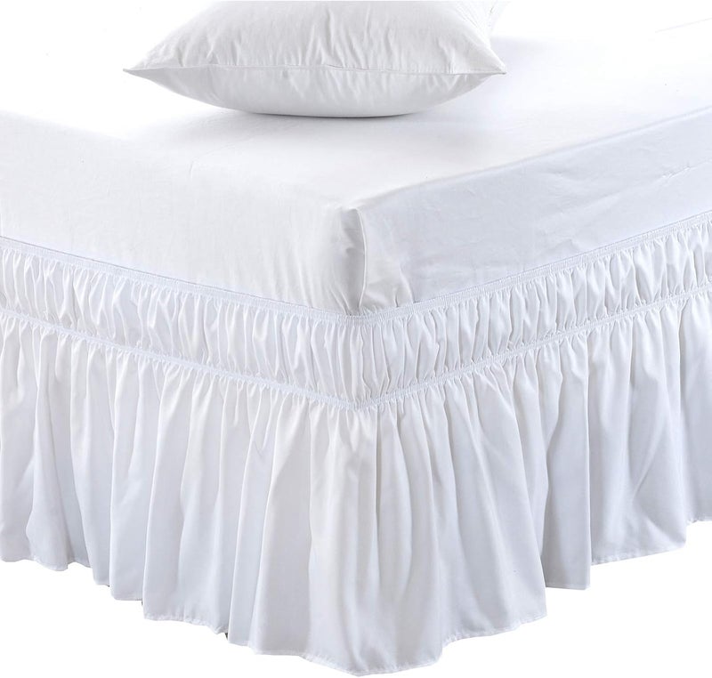 ميلا تنورة سرير ملفوفة من MEILA، ثلاثة جوانب قماشية، كشكشة غبار مطاطية، سقوط مخصص 24 بوصة، سهلة التركيب، مقاومة للبهتان - أبيض، ملكة/ملك - Image 1