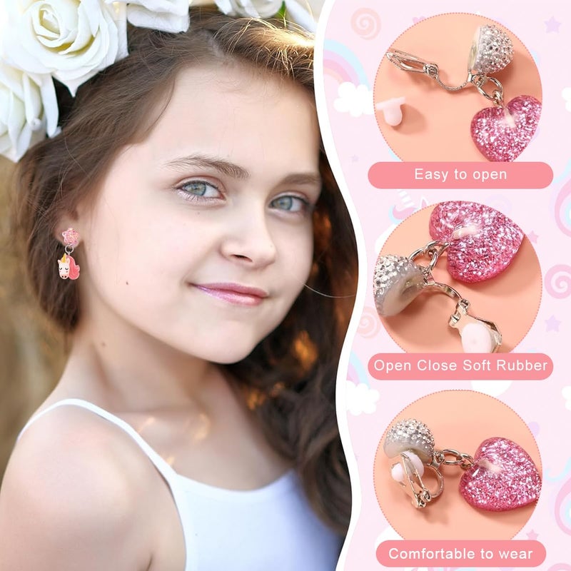 May Create ® 7 Pairs Earinging for Girls Stylish Clip On Earrings for Non Pierced Ears Kids Earrings for Girls Color Resin Crystal Earrings Jewelry Pretend Play Party Favor Dressing Up Jewelry - Image 3