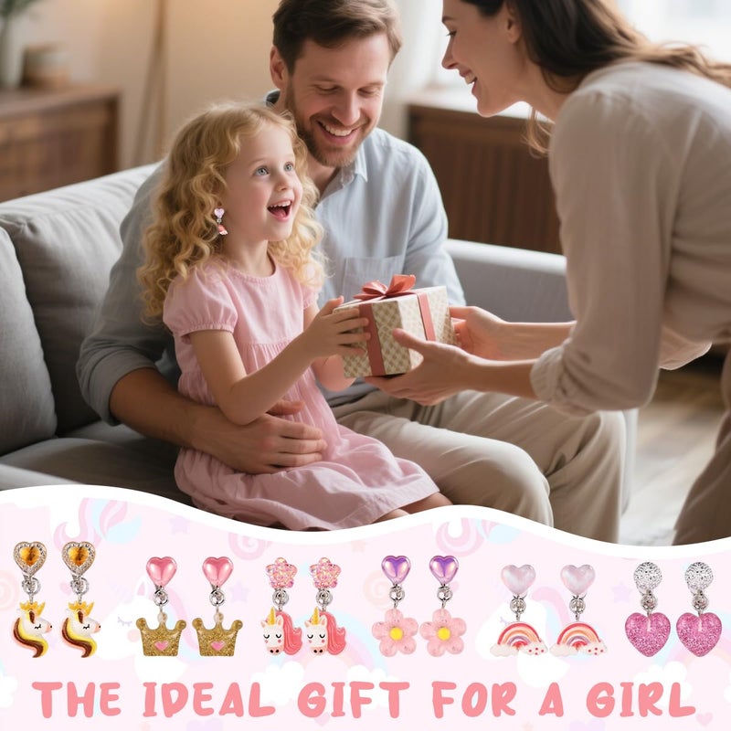 May Create ® 7 Pairs Earinging for Girls Stylish Clip On Earrings for Non Pierced Ears Kids Earrings for Girls Color Resin Crystal Earrings Jewelry Pretend Play Party Favor Dressing Up Jewelry - Image 4