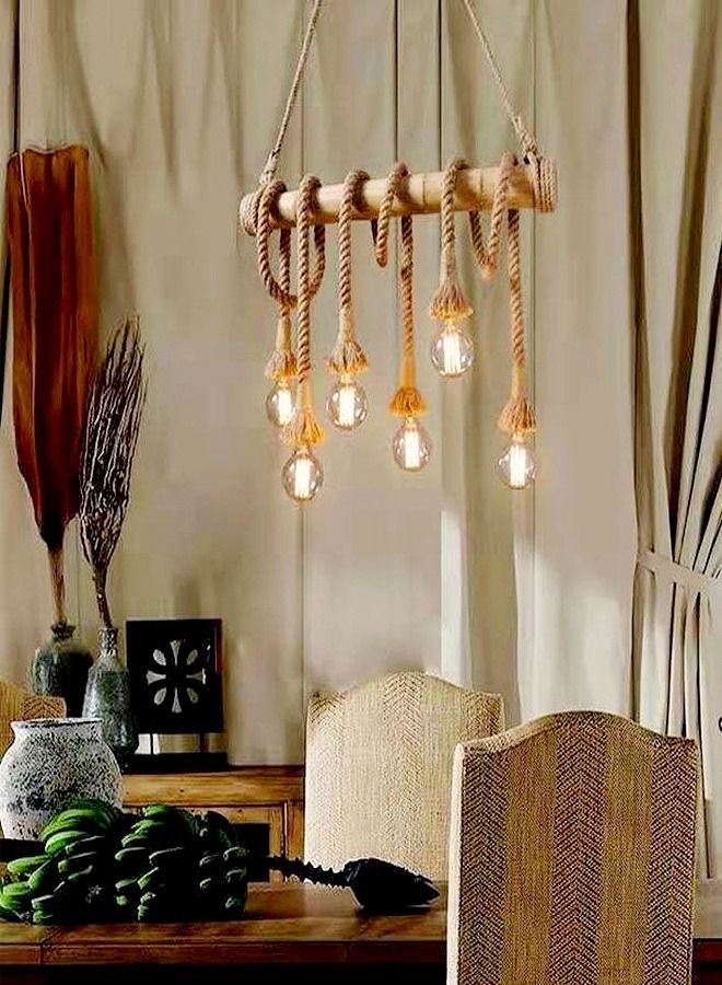 C&C Home Home Decoration Lights Rustic Lighting Retro Rope Bamboo Pendant Lamp Chandelier Light with 6 Bulbs 80x80 cm  - Image 4