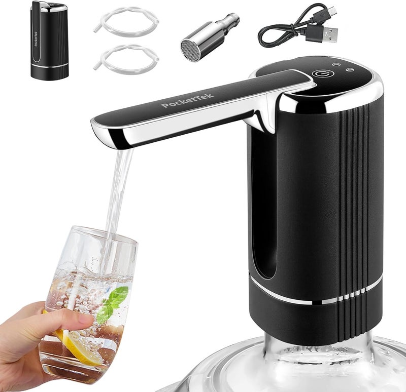PocketTek 5 Gallon Water Pump Dispenser – Rechargeable & Foldable Electric Water Jug Pump, USB Charging Water Bottle Pump with 2 Silicone Hoses & 304 Stainless Steel Weight, for Camping/Home/Office - Image 1
