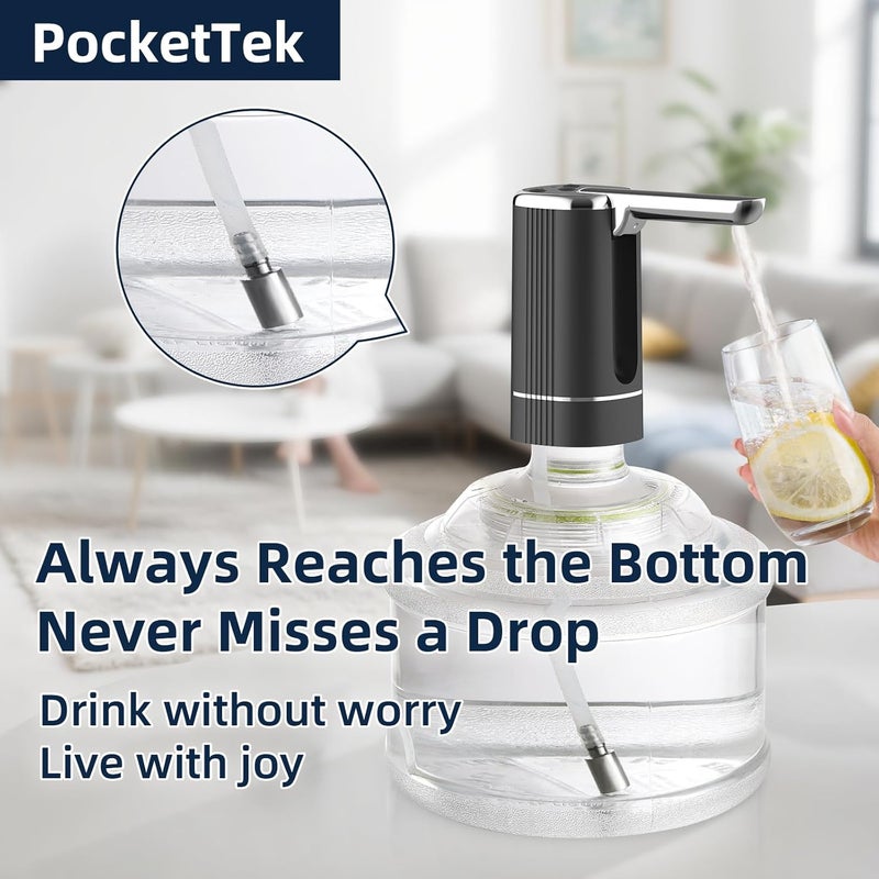 PocketTek 5 Gallon Water Pump Dispenser – Rechargeable & Foldable Electric Water Jug Pump, USB Charging Water Bottle Pump with 2 Silicone Hoses & 304 Stainless Steel Weight, for Camping/Home/Office - Image 4