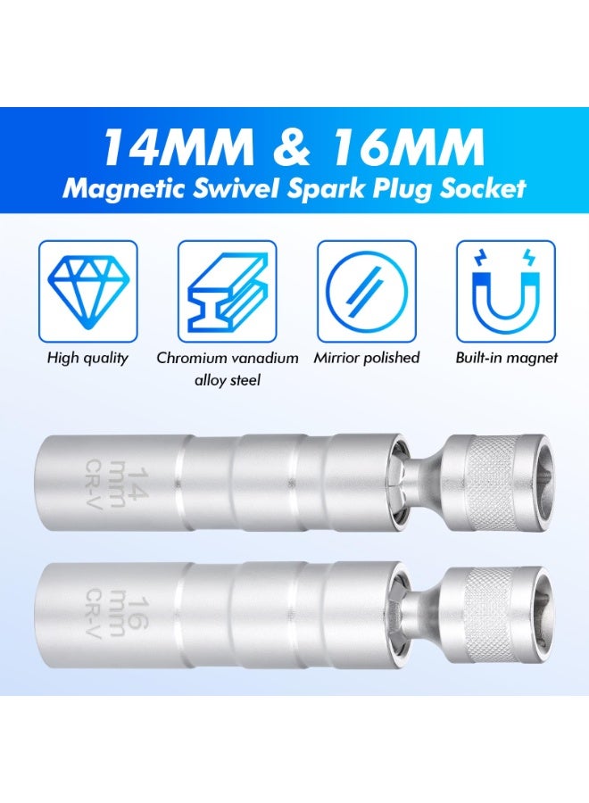 Spark Plug Socket Set, 14mm And 16mm Magnetic Rotating Spark Plug Sockets, Automotive Parts Thin-Walled 3/8-Inch Drive Spark Plug Socket Disassembly Tool, 12 Point, 360 Degree Rotation, Compatible With Motorcycles - Image 5