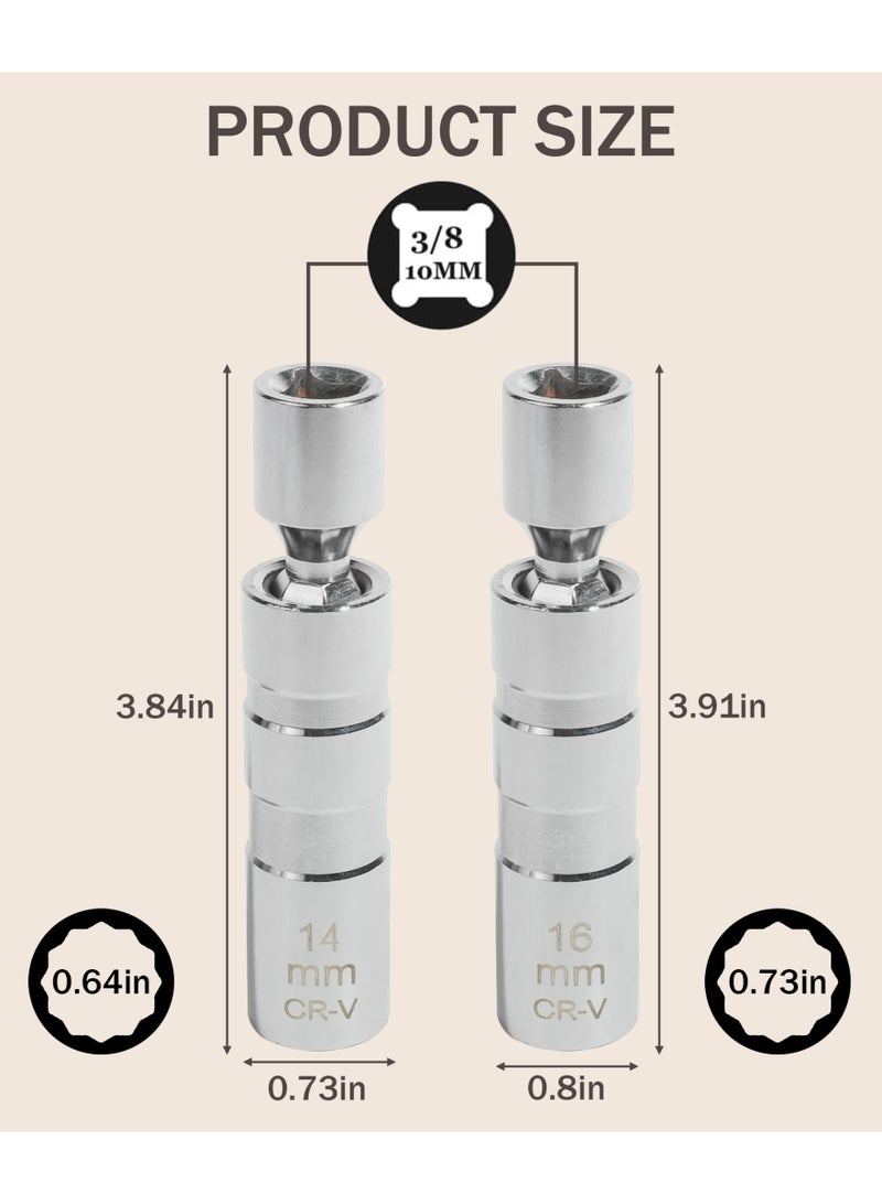 Spark Plug Socket Set, 14mm And 16mm Magnetic Rotating Spark Plug Sockets, Automotive Parts Thin-Walled 3/8-Inch Drive Spark Plug Socket Disassembly Tool, 12 Point, 360 Degree Rotation, Compatible With Motorcycles - Image 2
