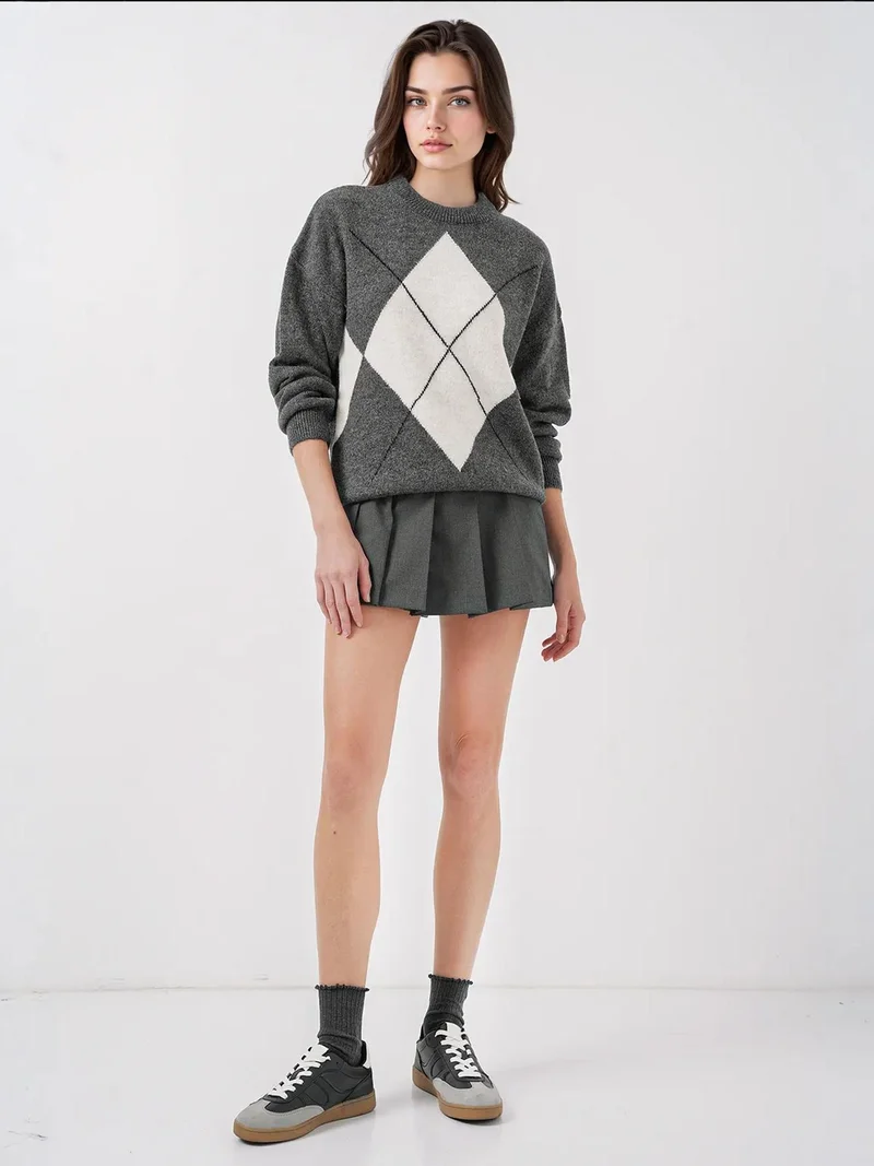 Big Dart Charcoal Grey BDART Oversized Argyle Crew Neck Jumper for Women | Best Price UAE