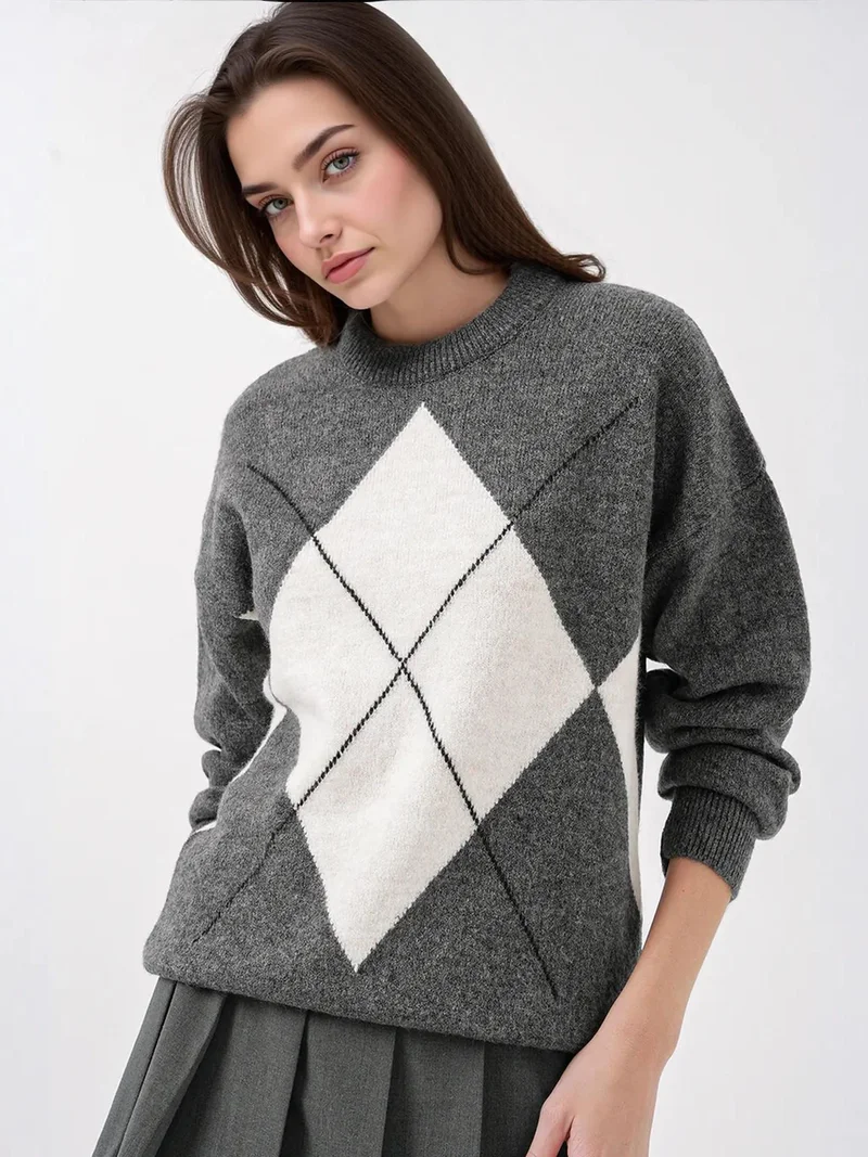 Big Dart Charcoal Grey BDART Oversized Argyle Crew Neck Jumper for Women | Best Price UAE